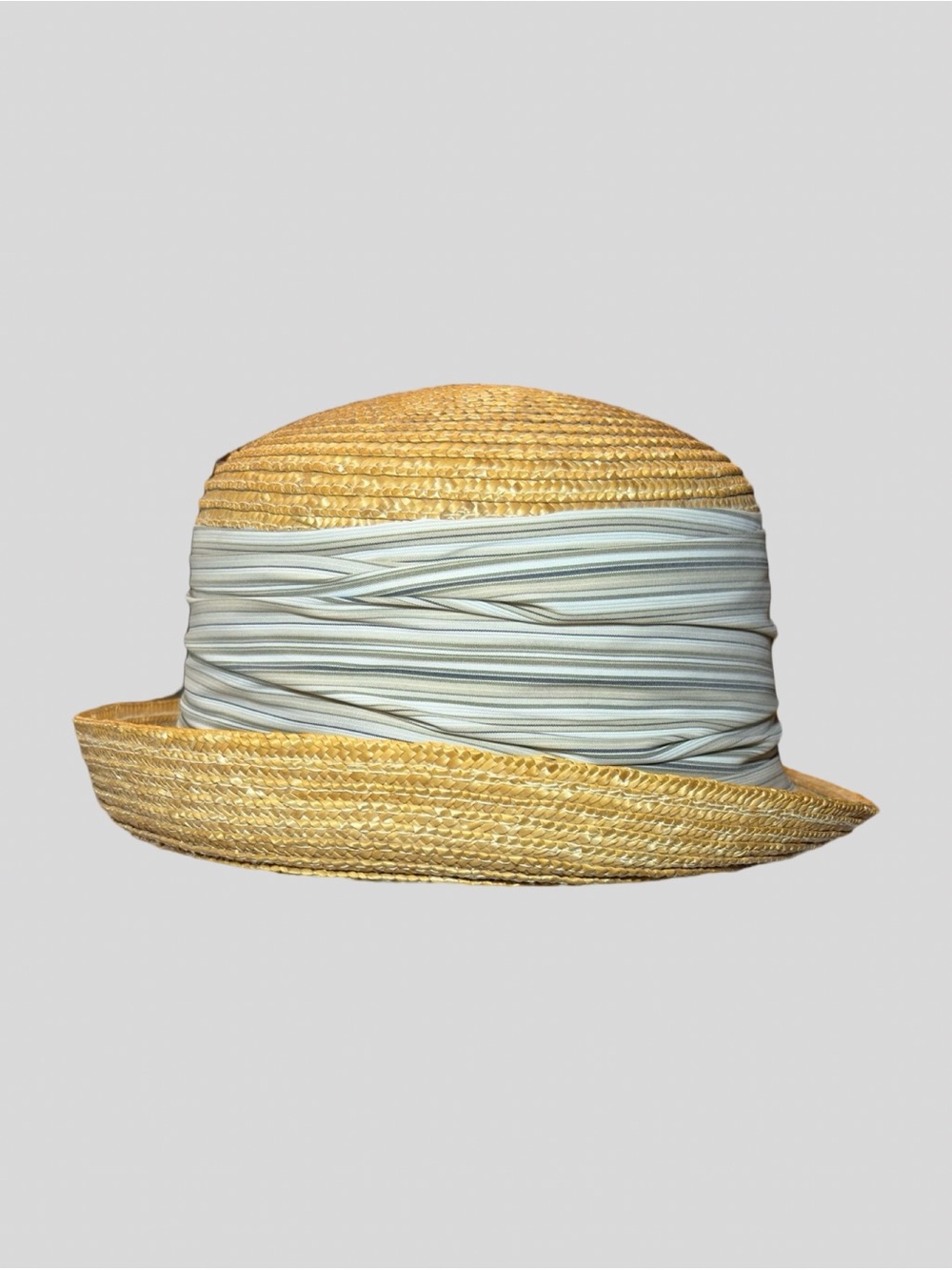 Betmar New York Vintage Straw Cloche Bowler Hat Striped Ban - Picture 6 of 16